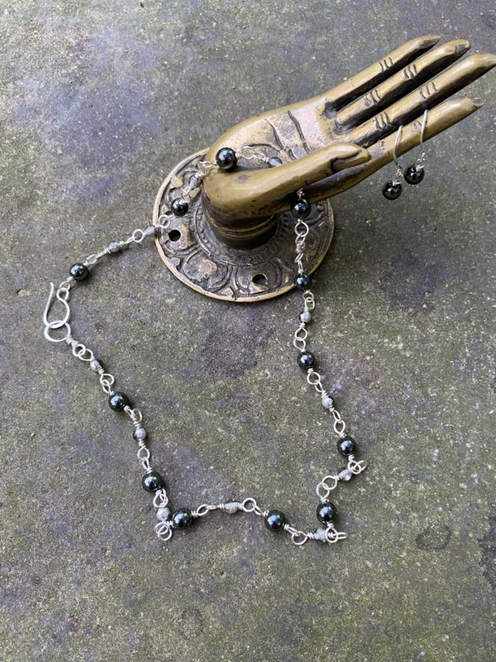 Handmade Hematite Bead Necklace and Earrings Set - Silver Accents